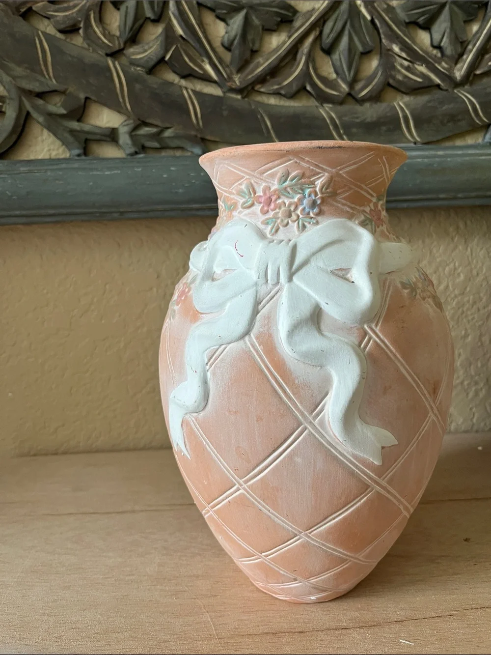 Decorative Peach/Terracotta  Ceramic Vase with White Bow Accent